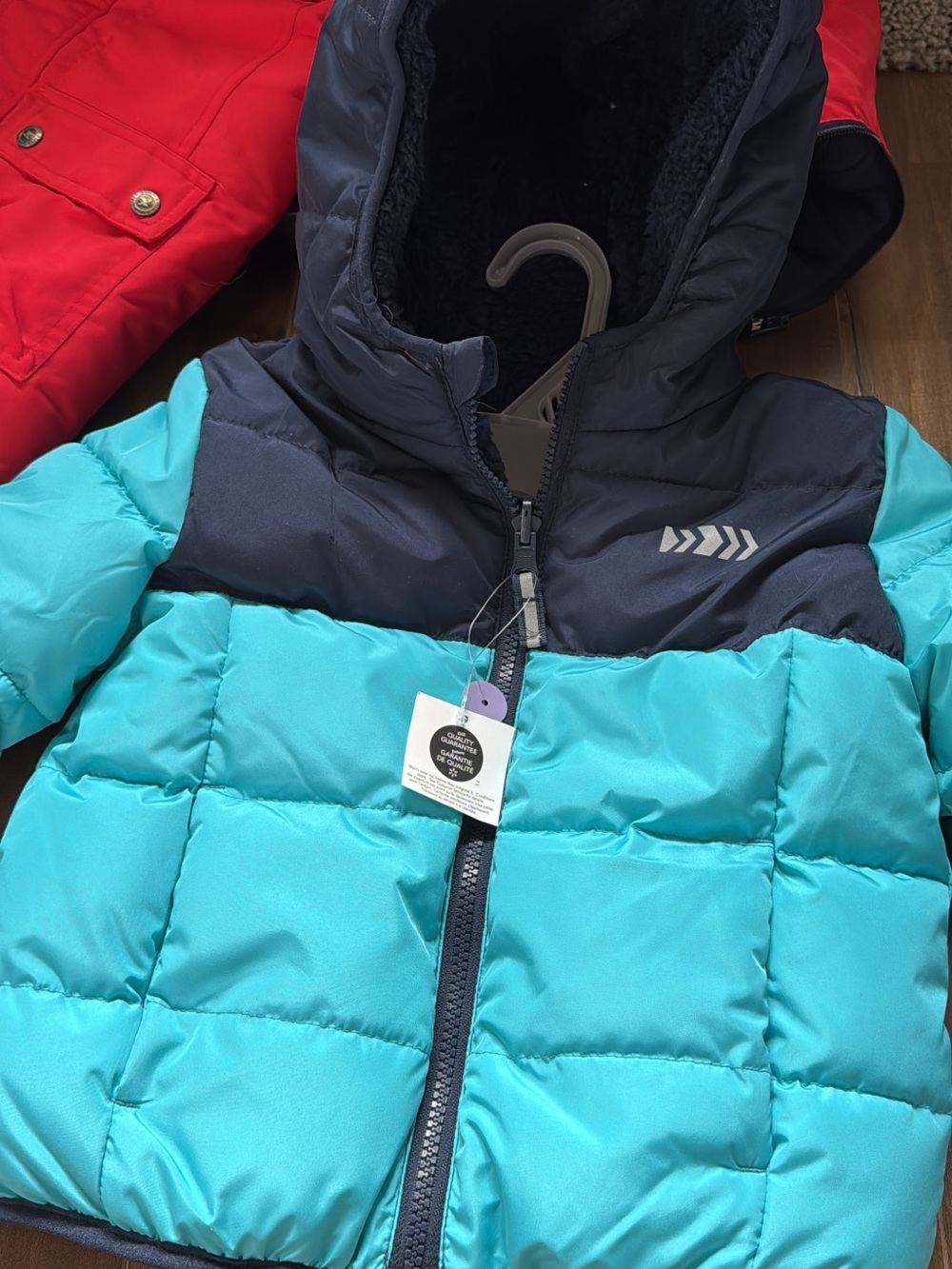 Kids Aqua & Navy Hooded Puffer Jacket - Lightweight Warmth